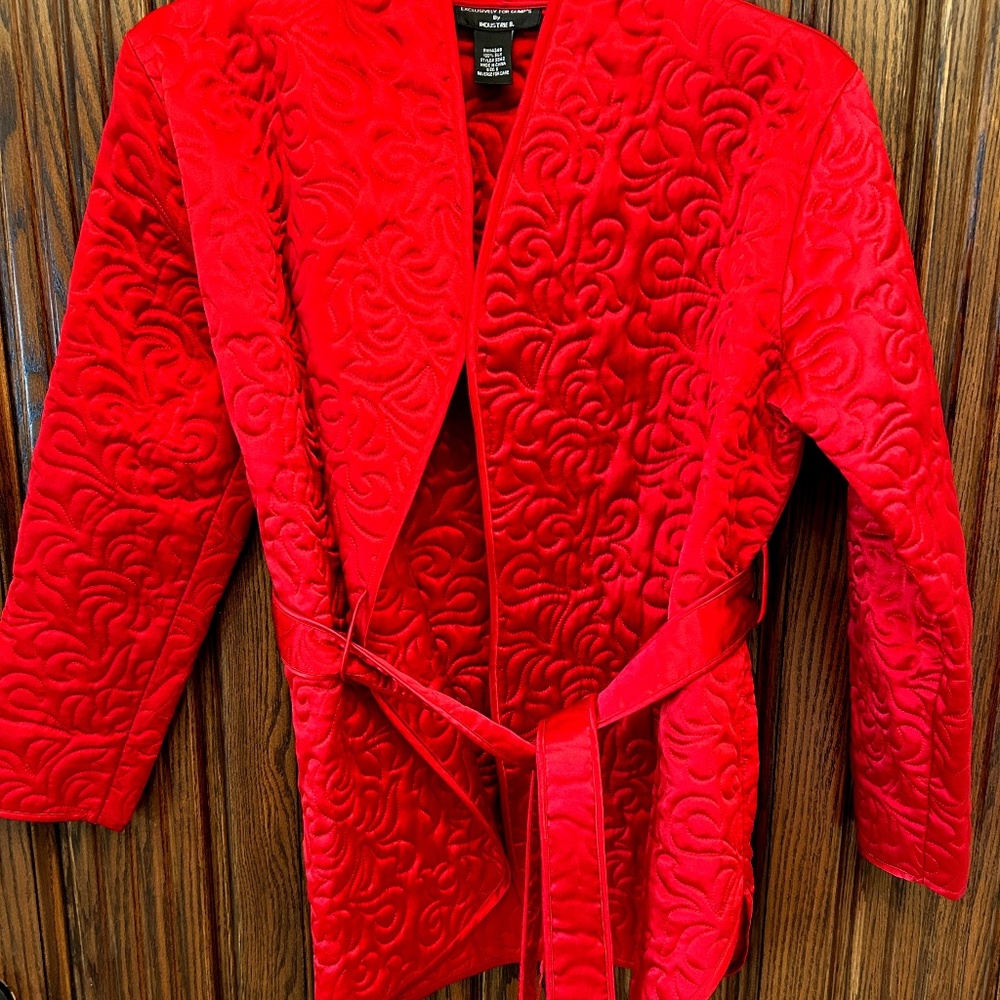 Gumps 100% silk damask red belted jacket Sz S